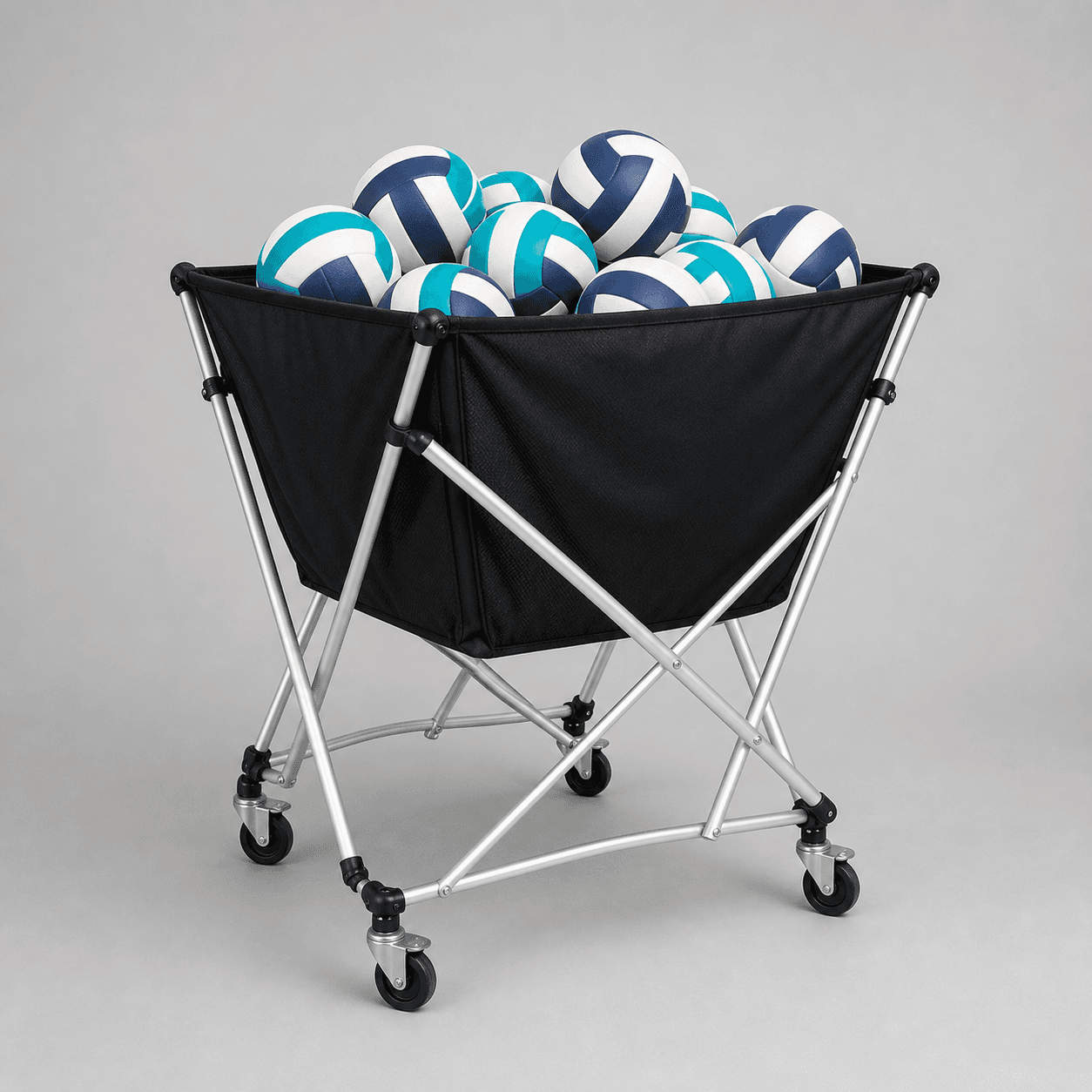 Folding volleyball cart filled with practice balls